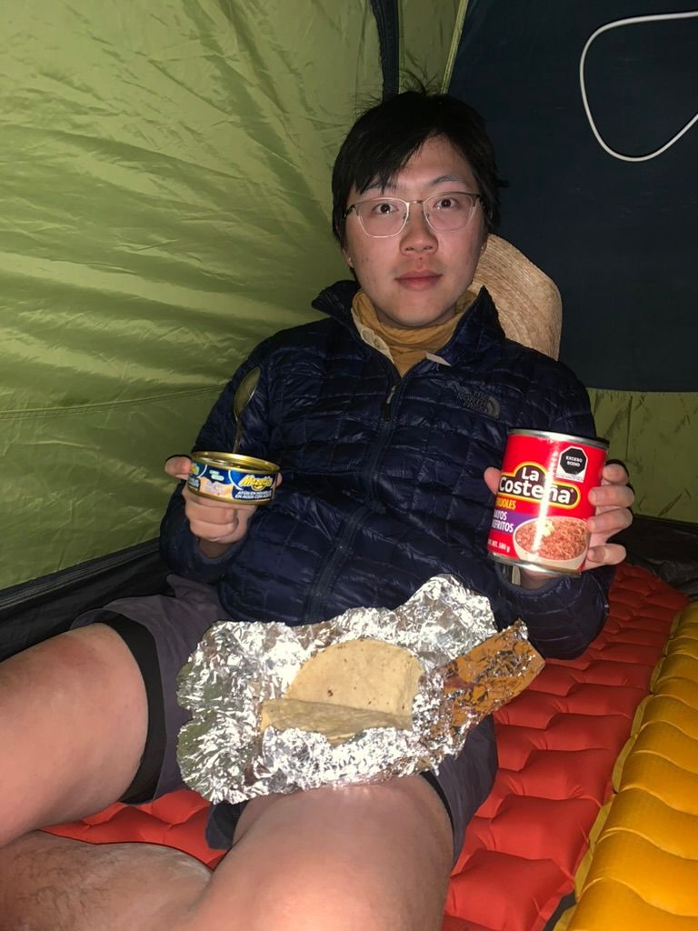 Beans and tuna in the tent. Don't judge