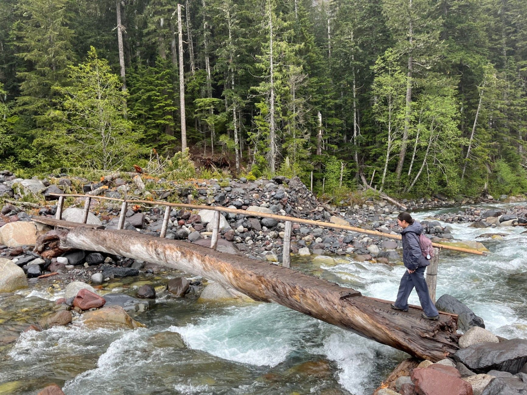 Ashley crossing the Mount Rainier bridge